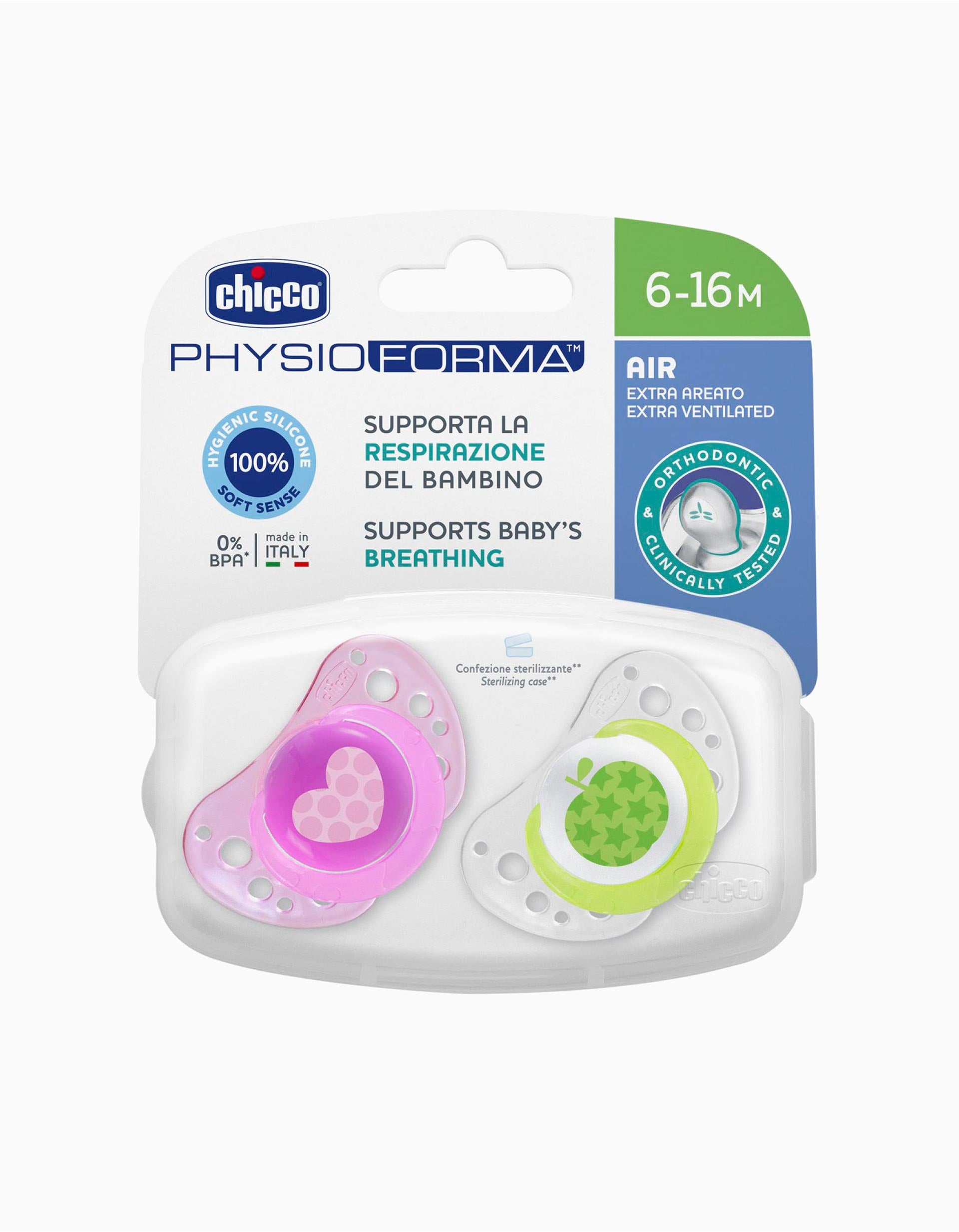 2-Pack Physio Air Silicone Dummy 6-16M by Chicco