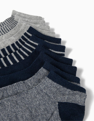 5 Pares de Meias Curtas para Menino 'Stripes', Azul Escuro e Cinza