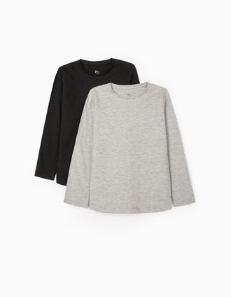 2 T-shirts Manga Comprida para Menina, Preto/Cinza