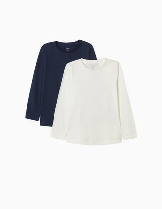 2 Camisetas de Manga Larga para Niña, Blanco/Azul Oscuro