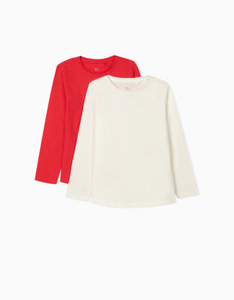 2 T-shirts Manga Comprida para Menina, Vermelho/Branco