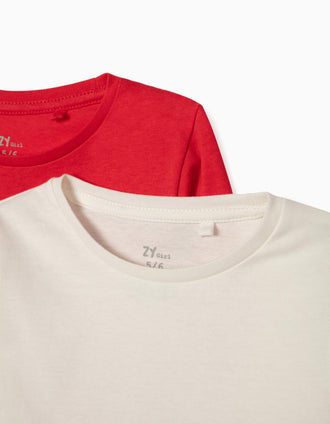 2 Camisetas de Manga Larga para Niña, Rojo/Blanco