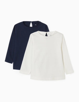 2 T-Shirts Manga Comprida para Bebé Menina, Branco/Azul Escuro