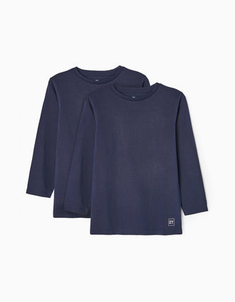 2 Camisetas de Manga Larga Lisas para Niño, Azul Oscuro