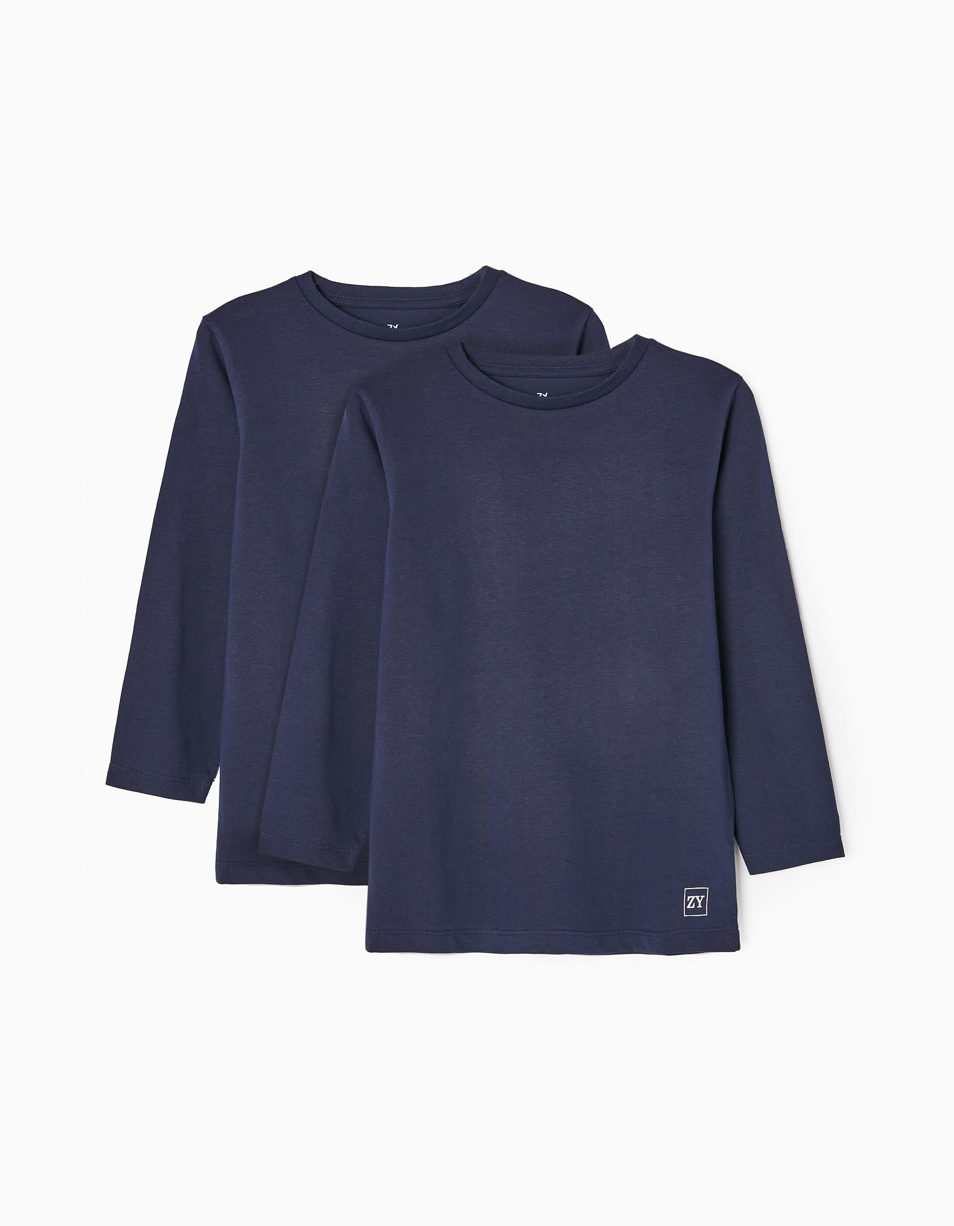 Pack 2 Plain Long Sleeve T-Shirts for Boys, Dark Blue