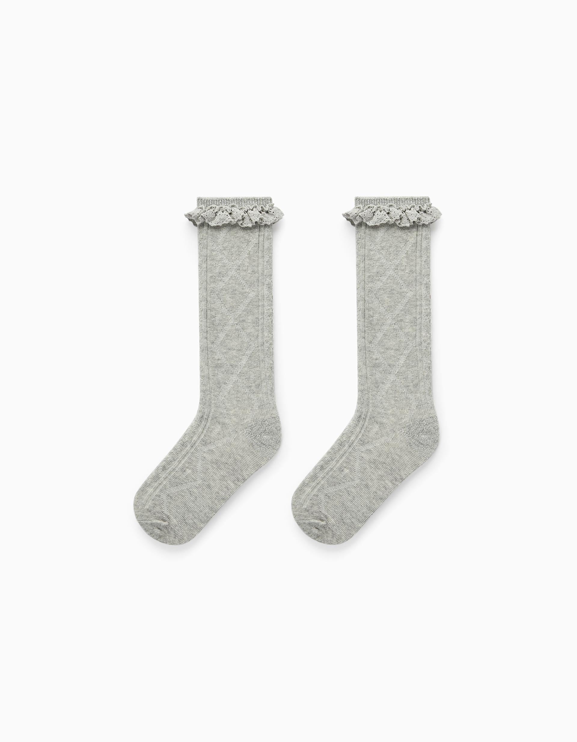 Chaussettes Hautes en Coton avec Dentelle Fille, Gris