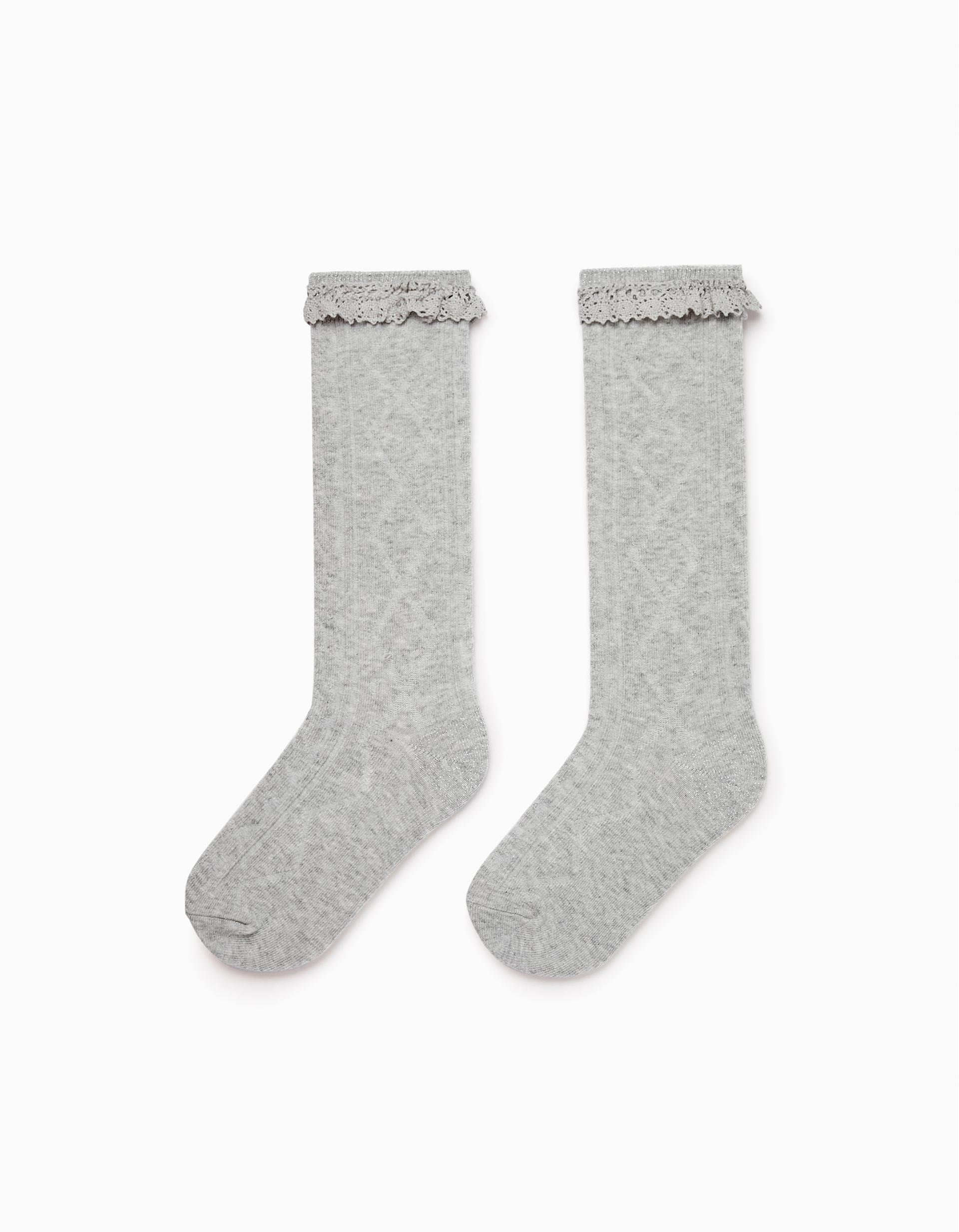 Chaussettes Hautes en Coton avec Dentelle Fille, Gris