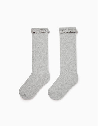 Meias Altas de Algodão com Renda para Menina, Cinza