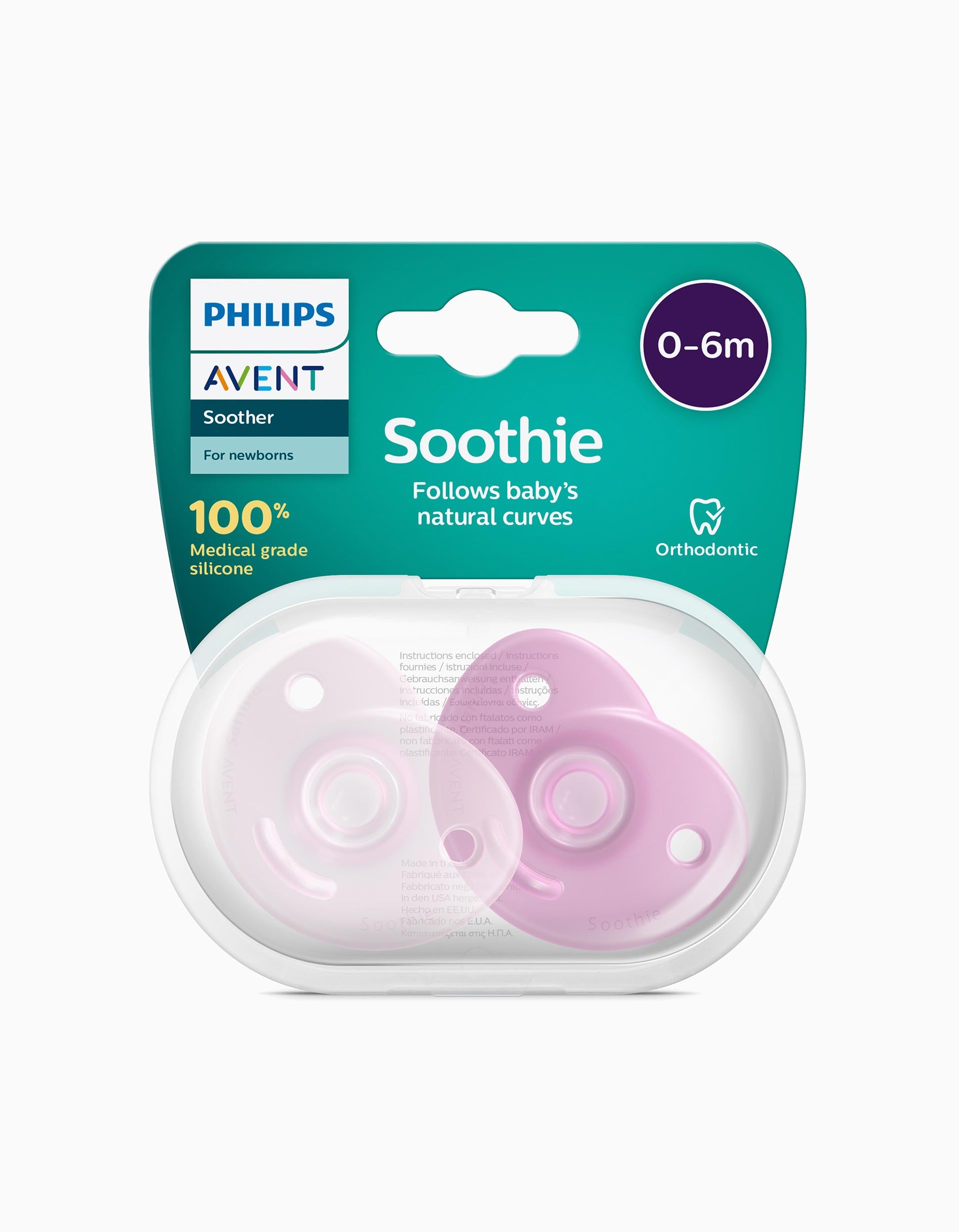 2-Pack Dummies Soothie Silicone Philips Avent Pink 0-6M