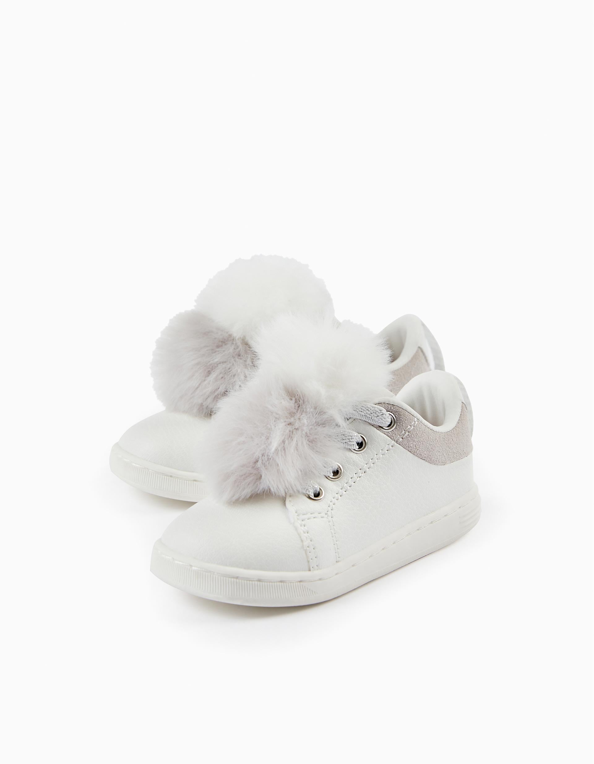 Trainers with Pom-poms for Baby Girls 'ZY 1996', White/Grey