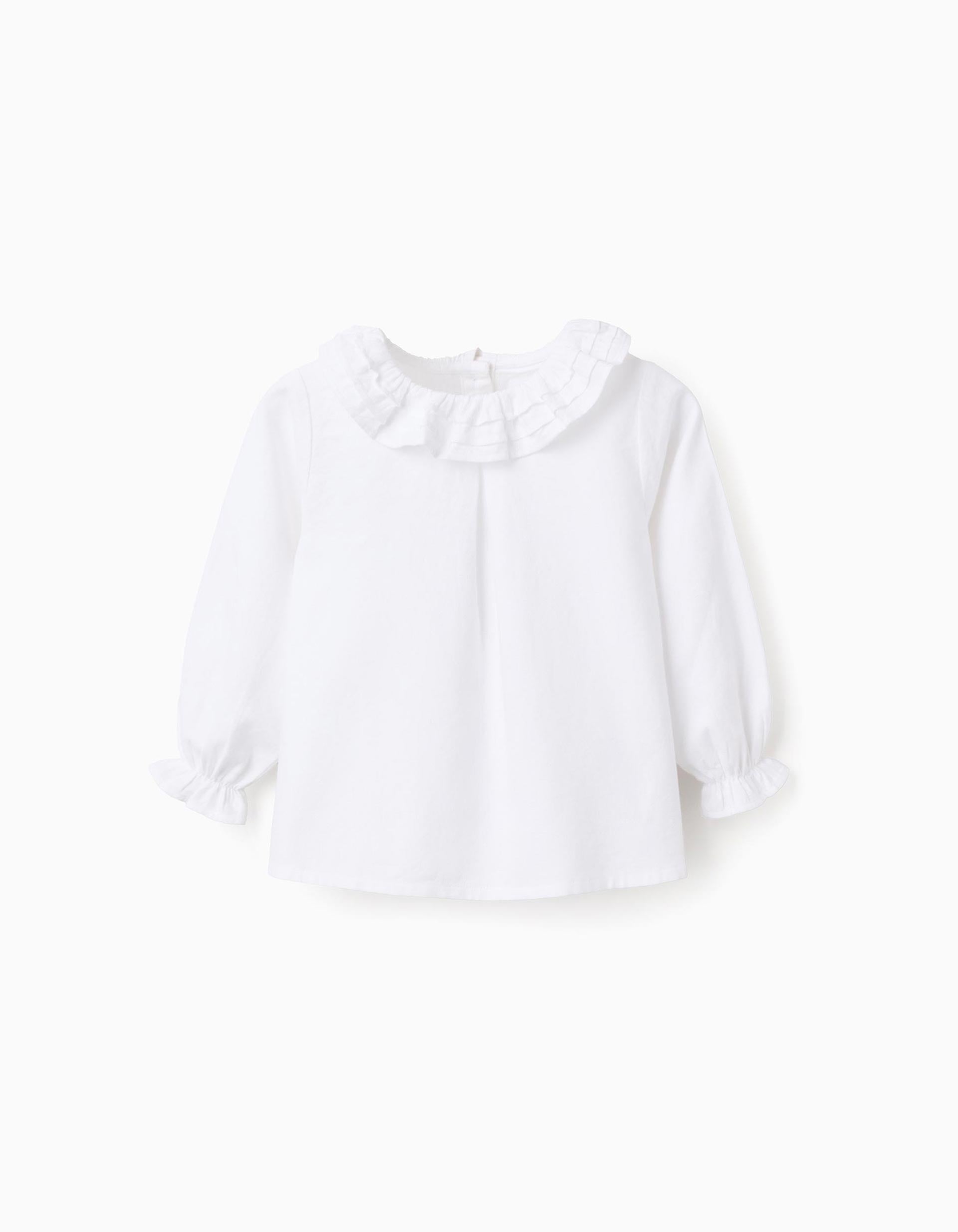 Cotton Twill Blouse with Ruffles for Baby Girls, White