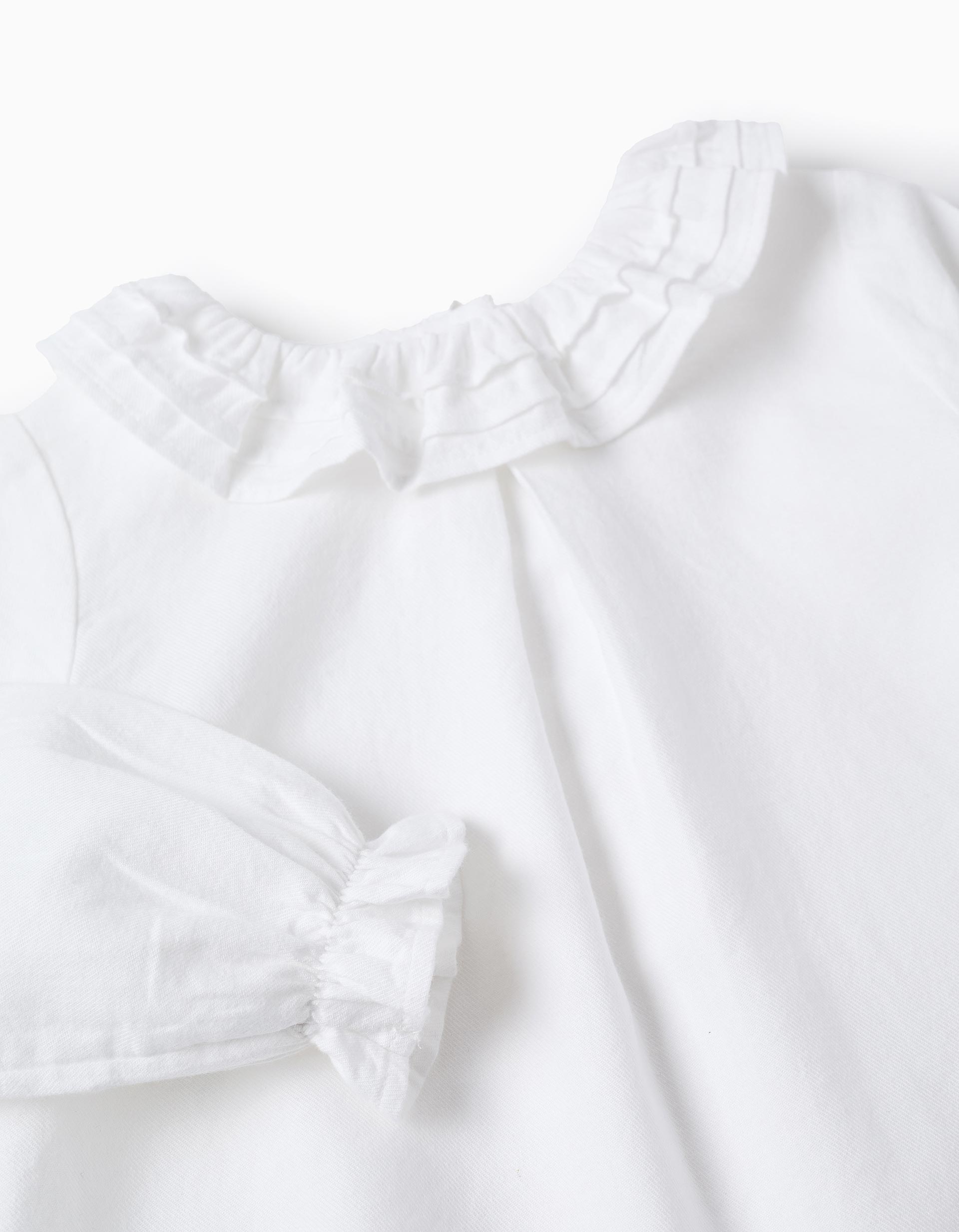 Cotton Twill Blouse with Ruffles for Baby Girls, White