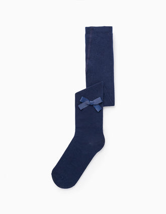 Collant en Coton avec Noeud Satiné Fille, Bleu Foncé