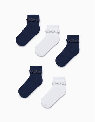 Lot 5 Paires de Chaussettes avec Dentelle Fille, Blanc/Bleu Foncé