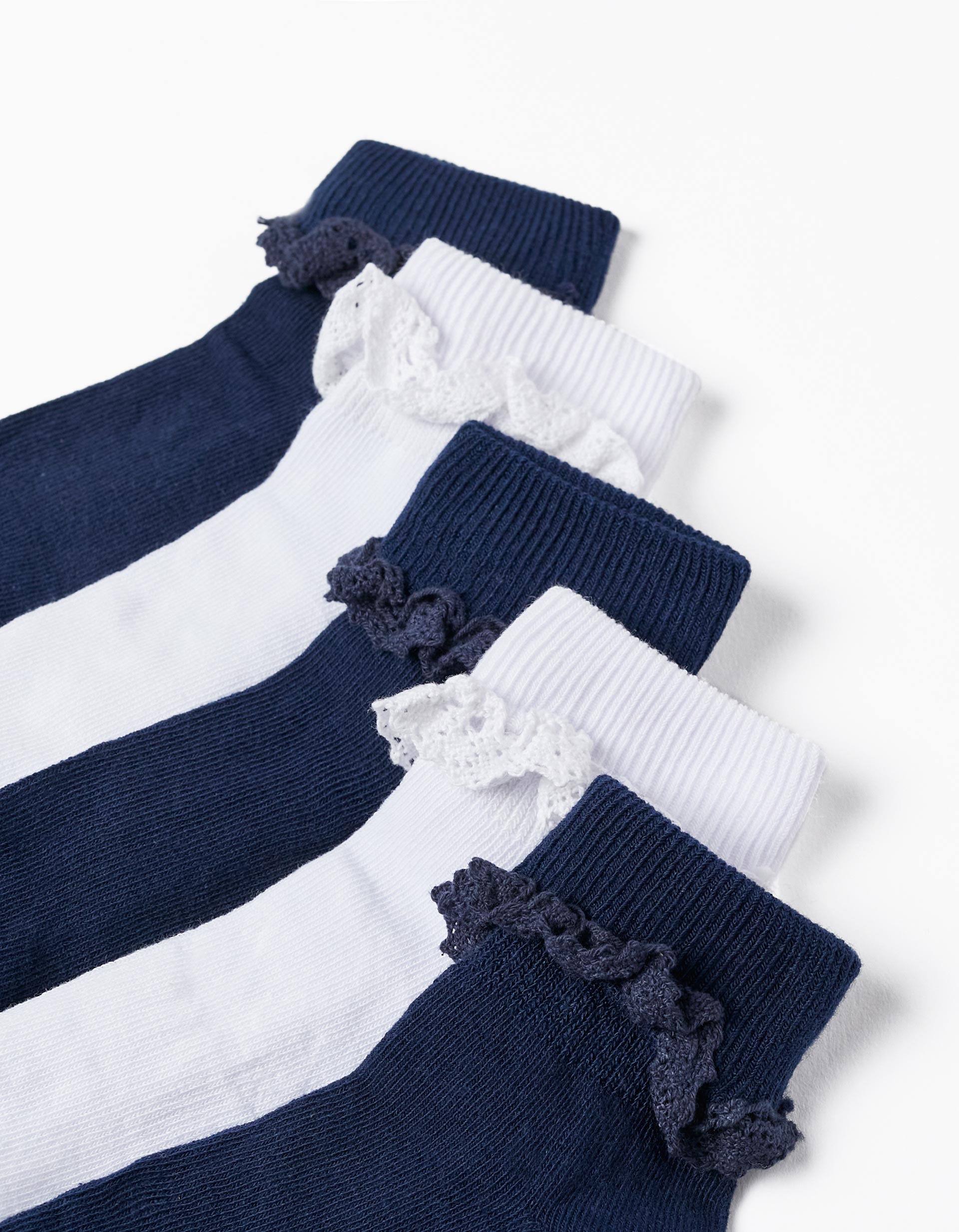 Pack 5 Pairs of Socks with Lace for Girls, White/Dark Blue