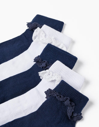 Lot 5 Paires de Chaussettes avec Dentelle Fille, Blanc/Bleu Foncé