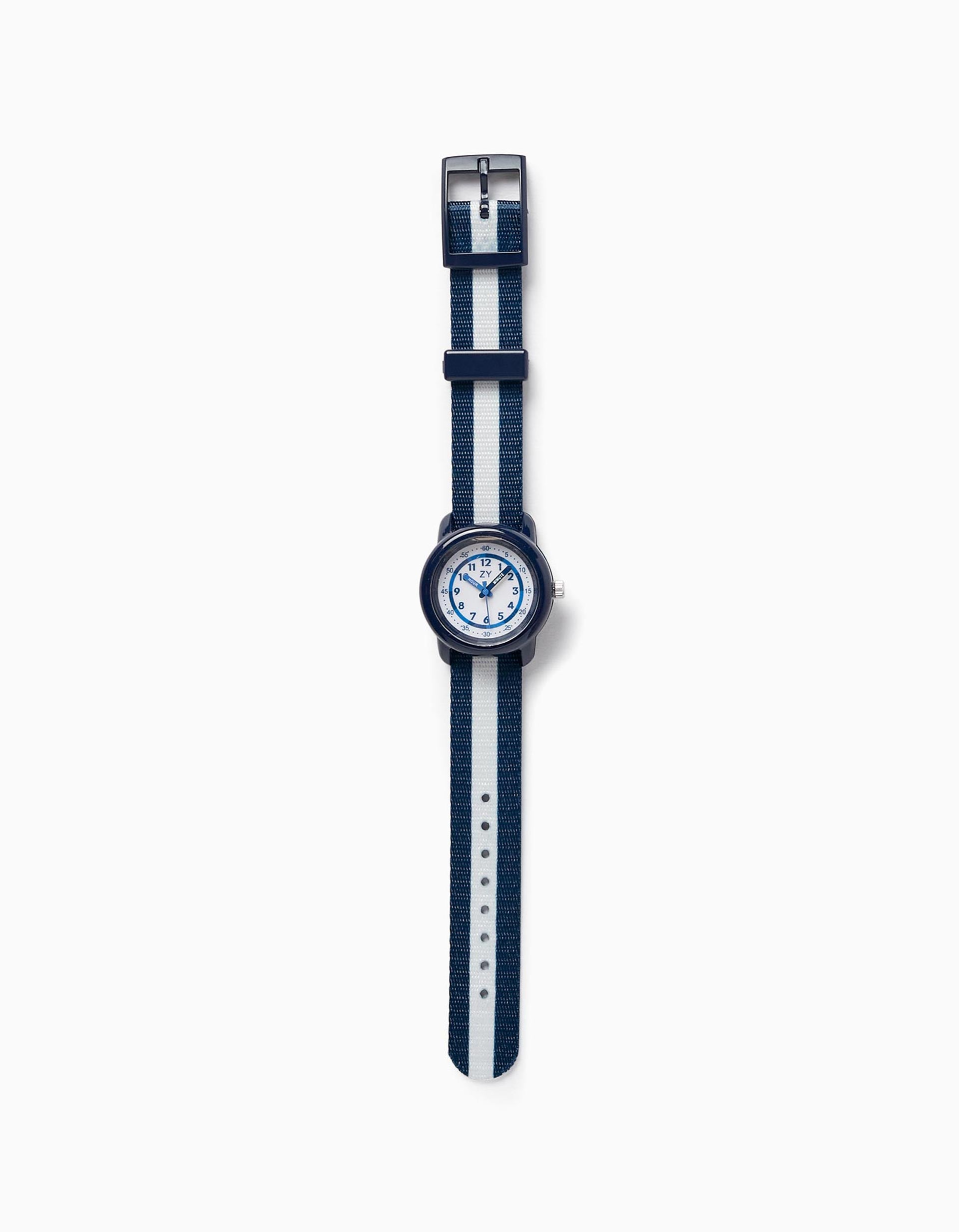 Striped Watch for Boys, Dark Blue/White