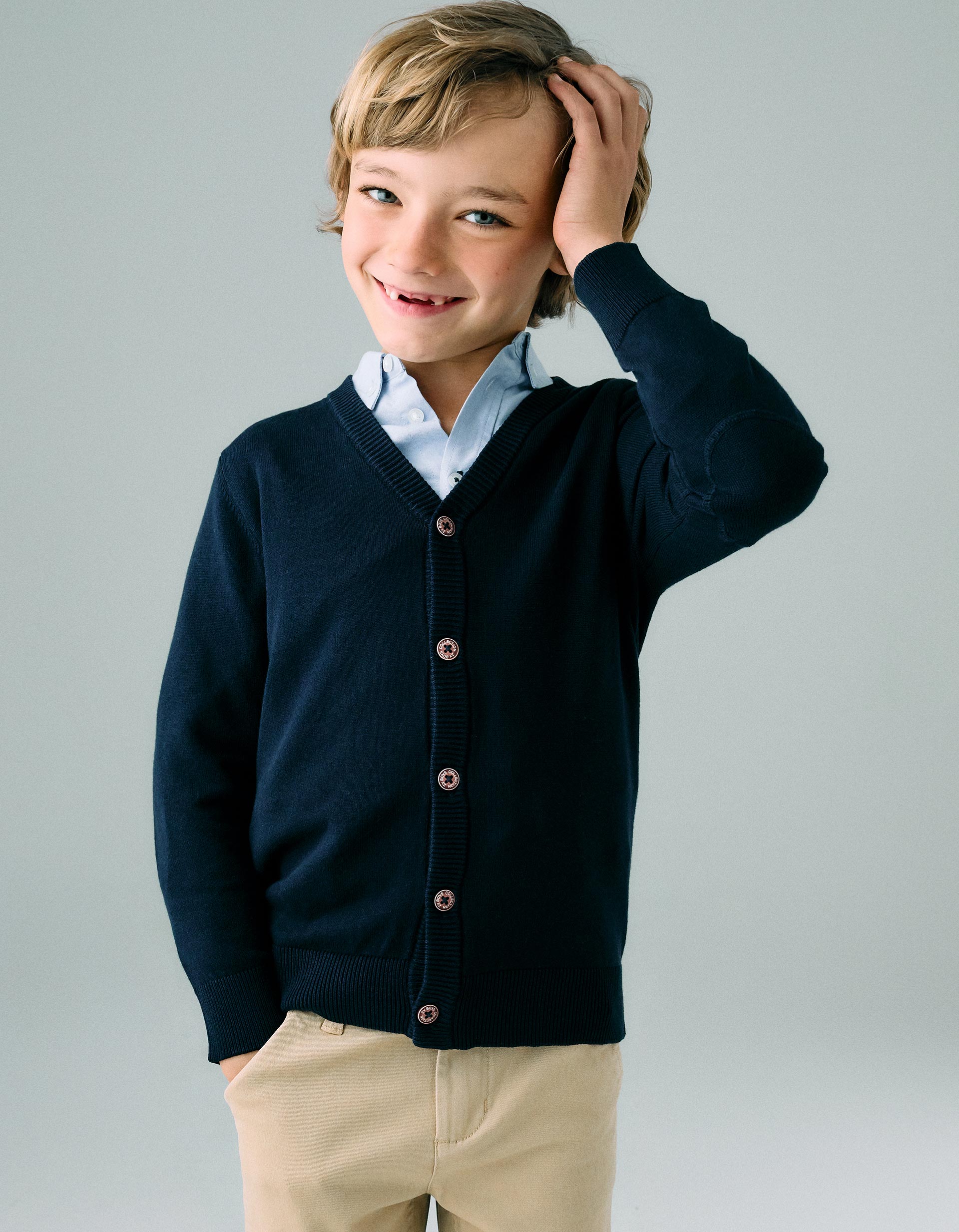 Knitted Cardigan with Elbow Patches for Boys, Dark Blue