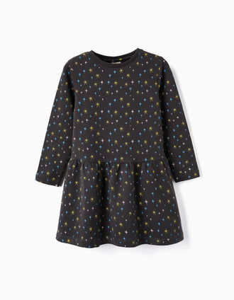 Vestido de Algodón Perchado con Estrellas para Niña, Gris