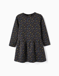 Vestido de Algodón Perchado con Estrellas para Niña, Gris