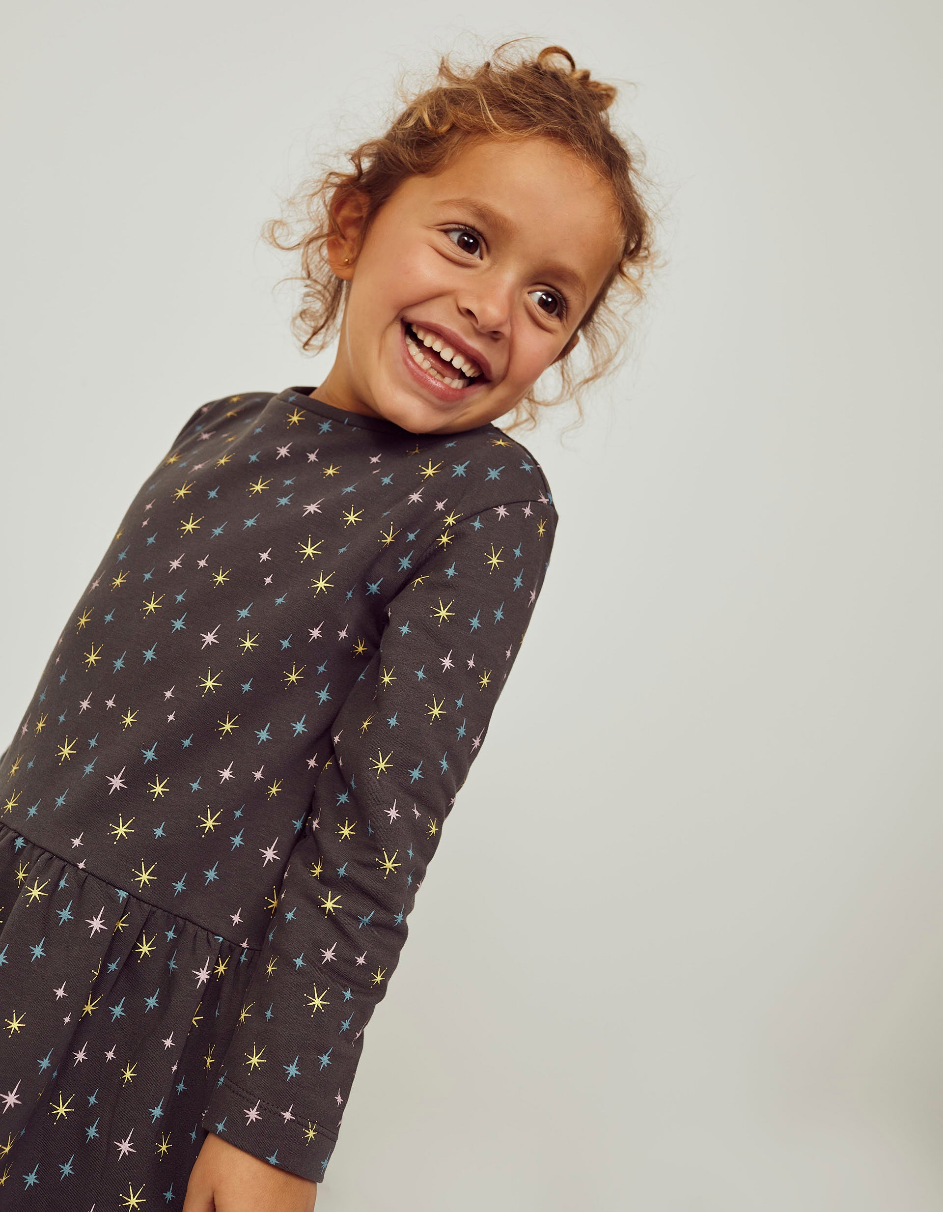 Cotton Cardigan Dress with Stars for Girls, Grey