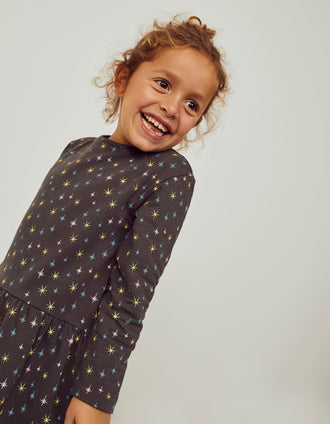 Vestido de Algodón Perchado con Estrellas para Niña, Gris