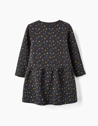 Vestido de Algodón Perchado con Estrellas para Niña, Gris