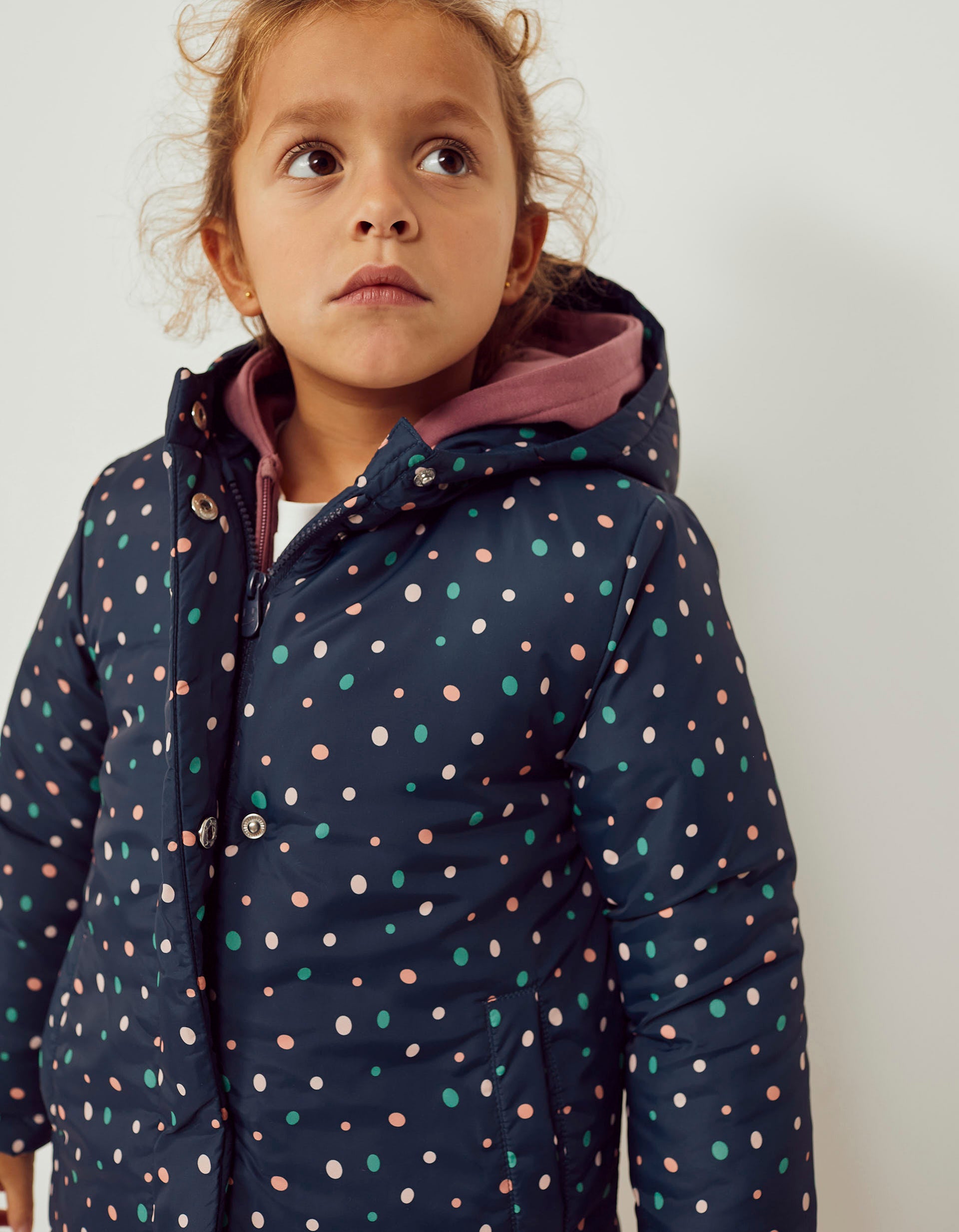 Hooded Jacket with Polka Dots for Girls, Dark Blue