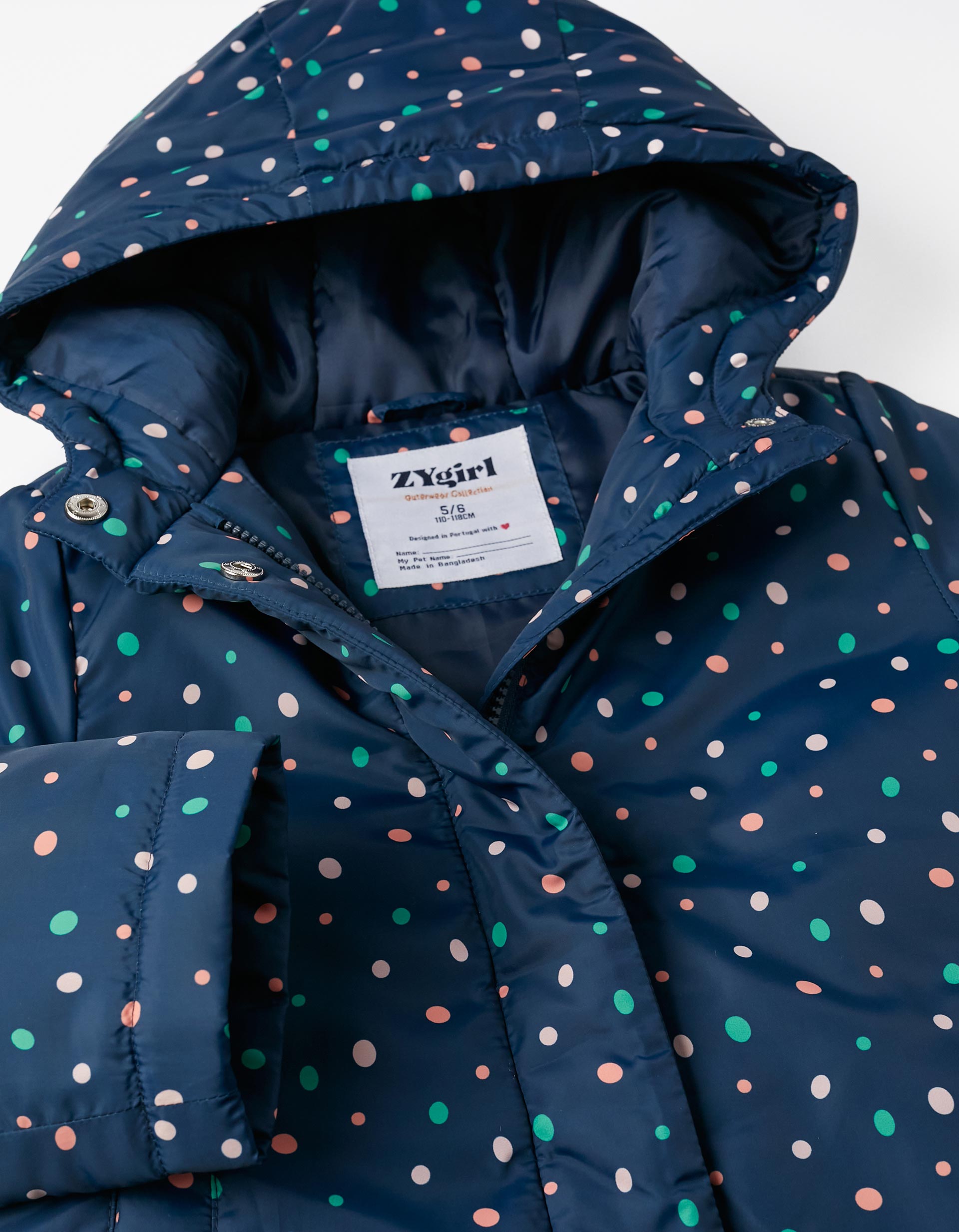 Hooded Jacket with Polka Dots for Girls, Dark Blue