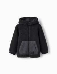 Casaco em Sherpa com Capuz para Menino, Preto/Cinza Escuro