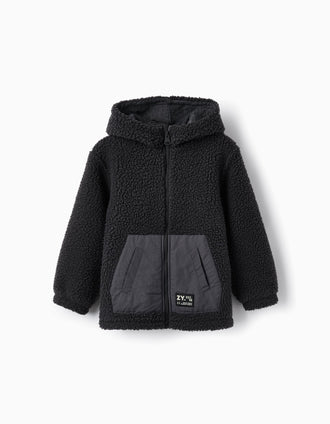 Casaco em Sherpa com Capuz para Menino, Preto/Cinza Escuro