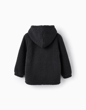 Casaco em Sherpa com Capuz para Menino, Preto/Cinza Escuro