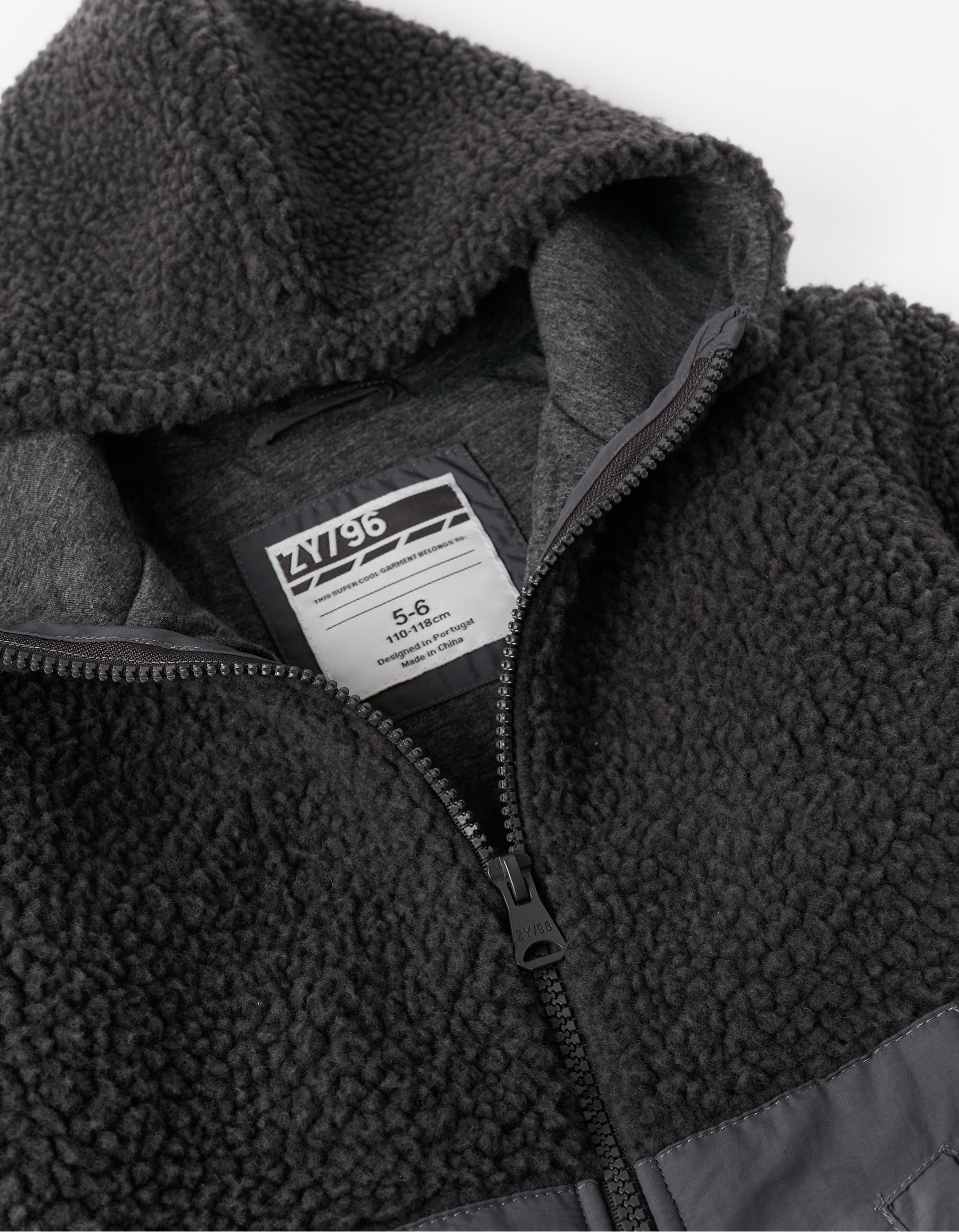 Hooded Sherpa Jacket for Boys, Black/Dark Grey