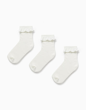 Pack 3 Pares de Meias com Bordado Inglês para Menina, Branco