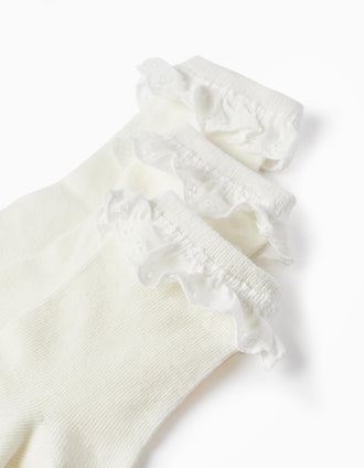 Pack 3 Paires de Chaussettes avec Broderie Anglaise pour Fille, Blanc