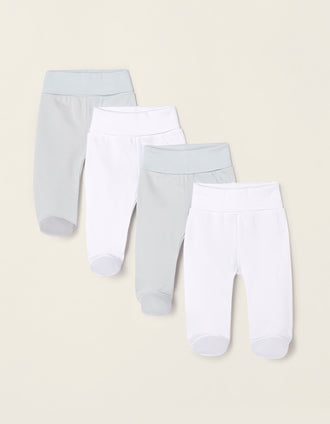 Pack 4 Calças com Dobras para Recém-Nascido e Bebé, Branco/Menta