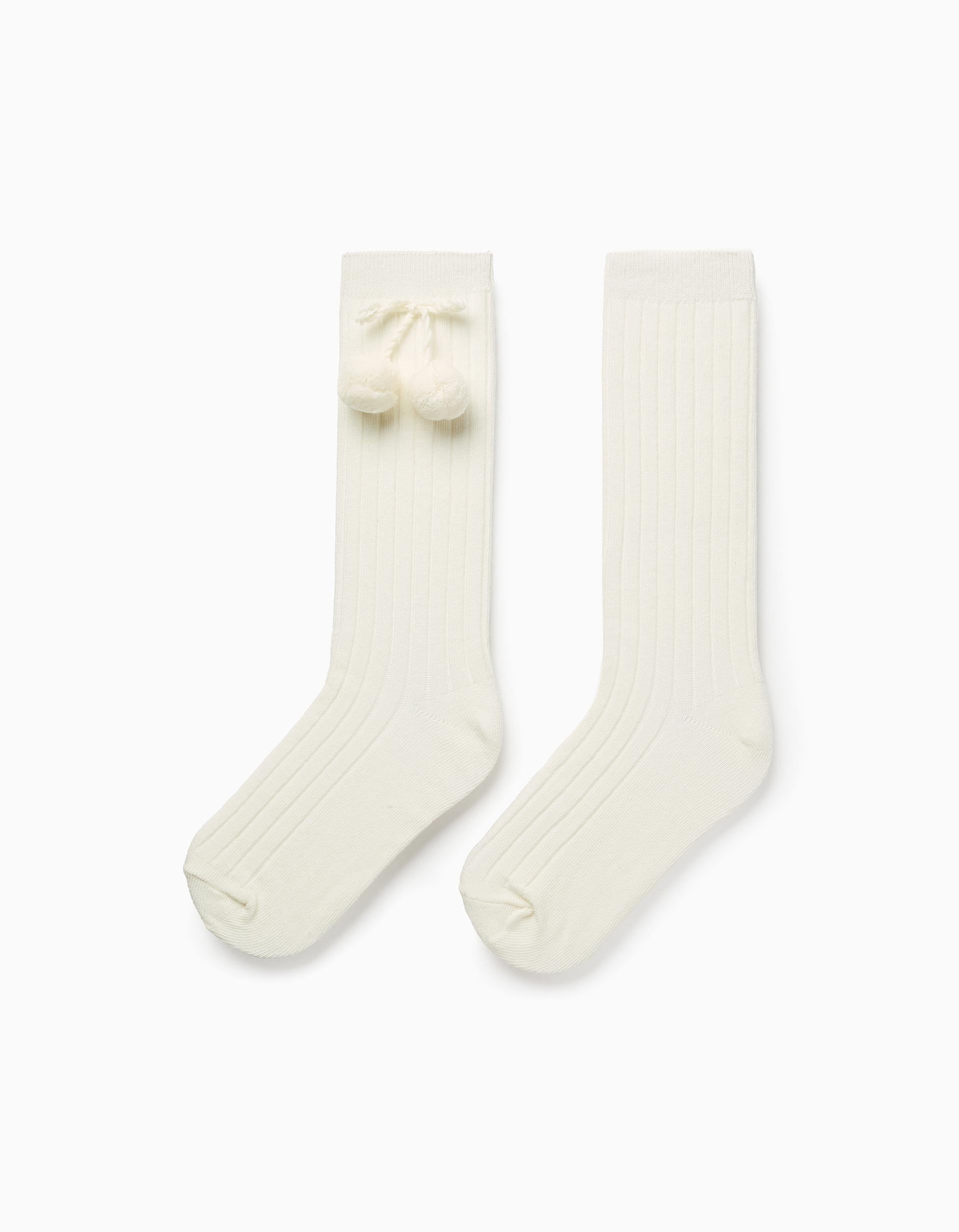 Chaussettes Hautes Côtelées avec Pompons pour Fille, Blanc