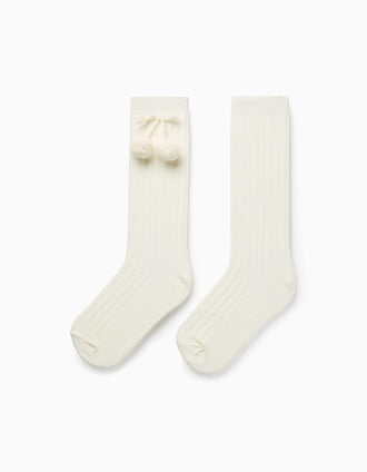 Meias Altas Caneladas com Pompons para Menina, Branco