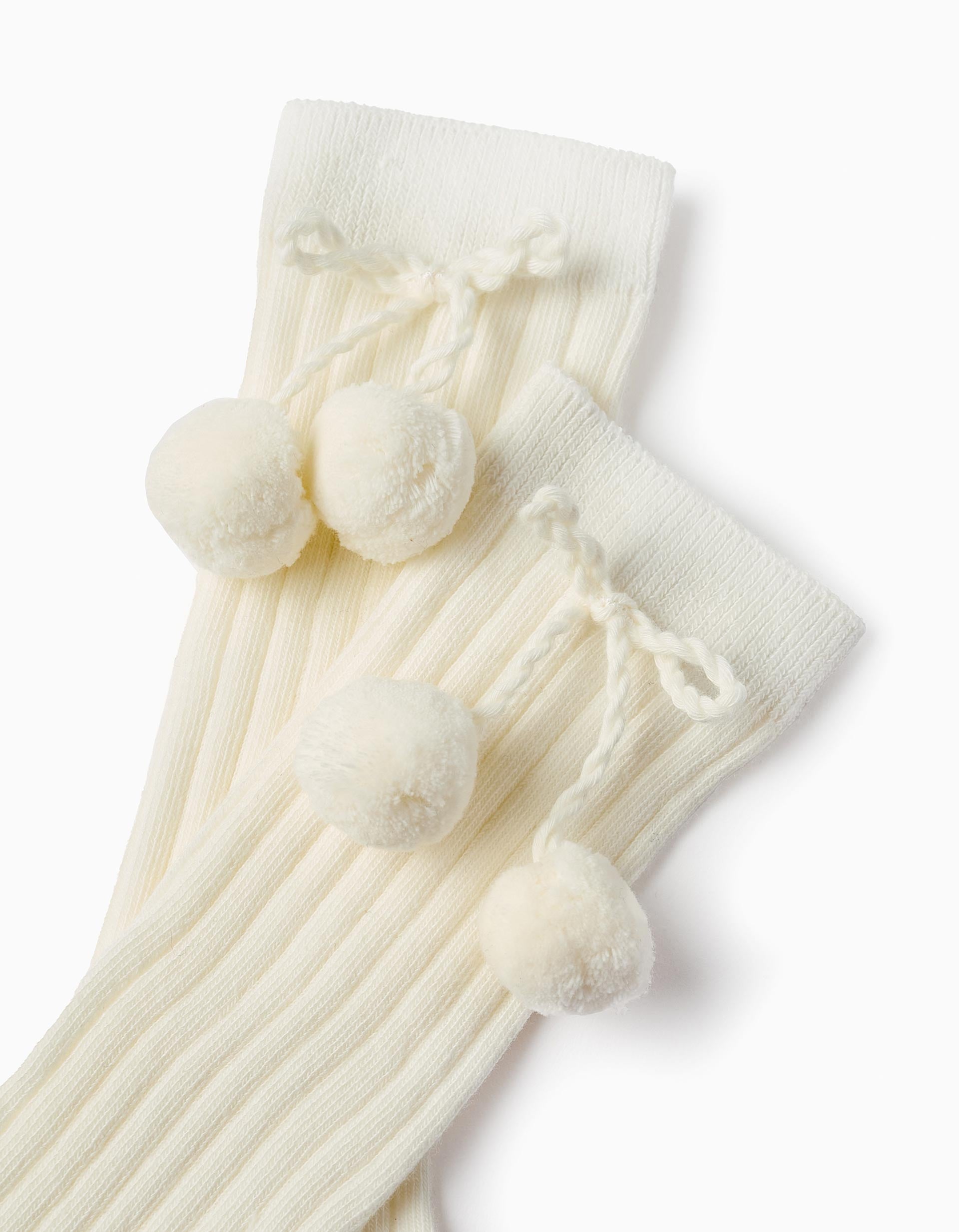 Chaussettes Hautes Côtelées avec Pompons pour Fille, Blanc