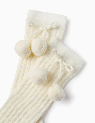 Meias Altas Caneladas com Pompons para Menina, Branco