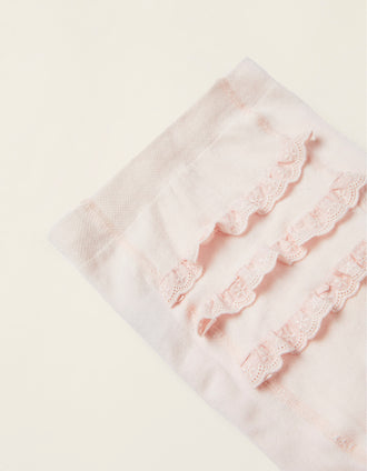 Collants com Folhos com Bordado Inglês para Bebé Menina, Rosa Claro