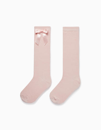 Meias Altas Lisas com Laço Decorativo para Menina, Rosa