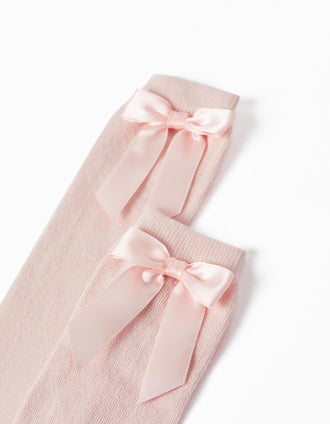 Meias Altas Lisas com Laço Decorativo para Menina, Rosa