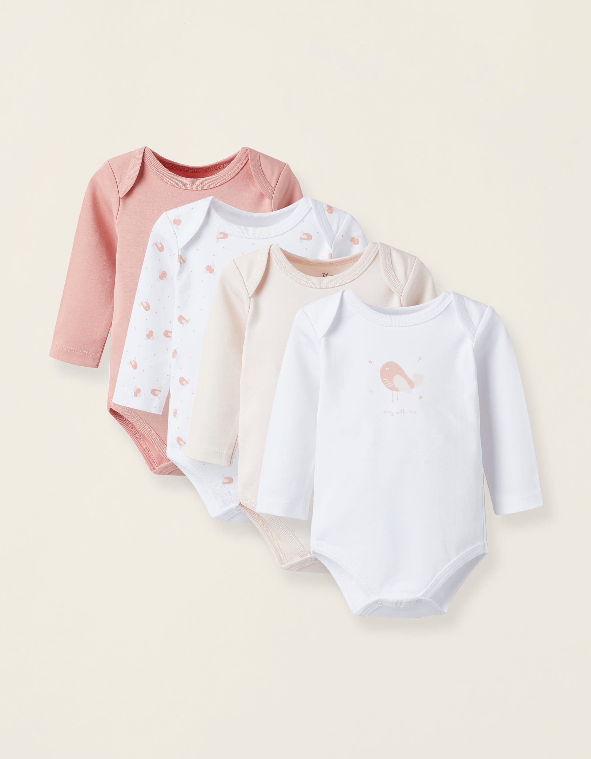 Pack of 4 Bodysuits for Baby and Newborn Girls 'Birds', White/Pink