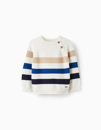 Camisola em Malha de Algodão para Bebé Menino, Branco/Bege/Azul