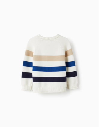 Camisola em Malha de Algodão para Bebé Menino, Branco/Bege/Azul