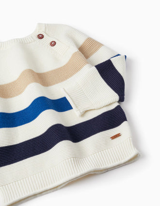 Camisola em Malha de Algodão para Bebé Menino, Branco/Bege/Azul