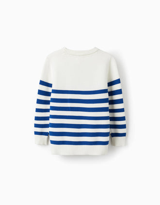 Camisola com Riscas em Malha de Algodão para Menino, Branco/Azul