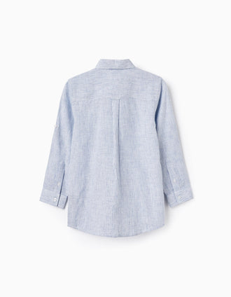 Camisa de Manga Comprida às Riscas Clássica para Menino, Azul/Branco