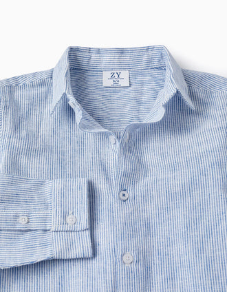 Camisa de Manga Comprida às Riscas Clássica para Menino, Azul/Branco